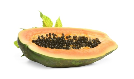 Photo of Fresh juicy halved papaya with leaf on white background