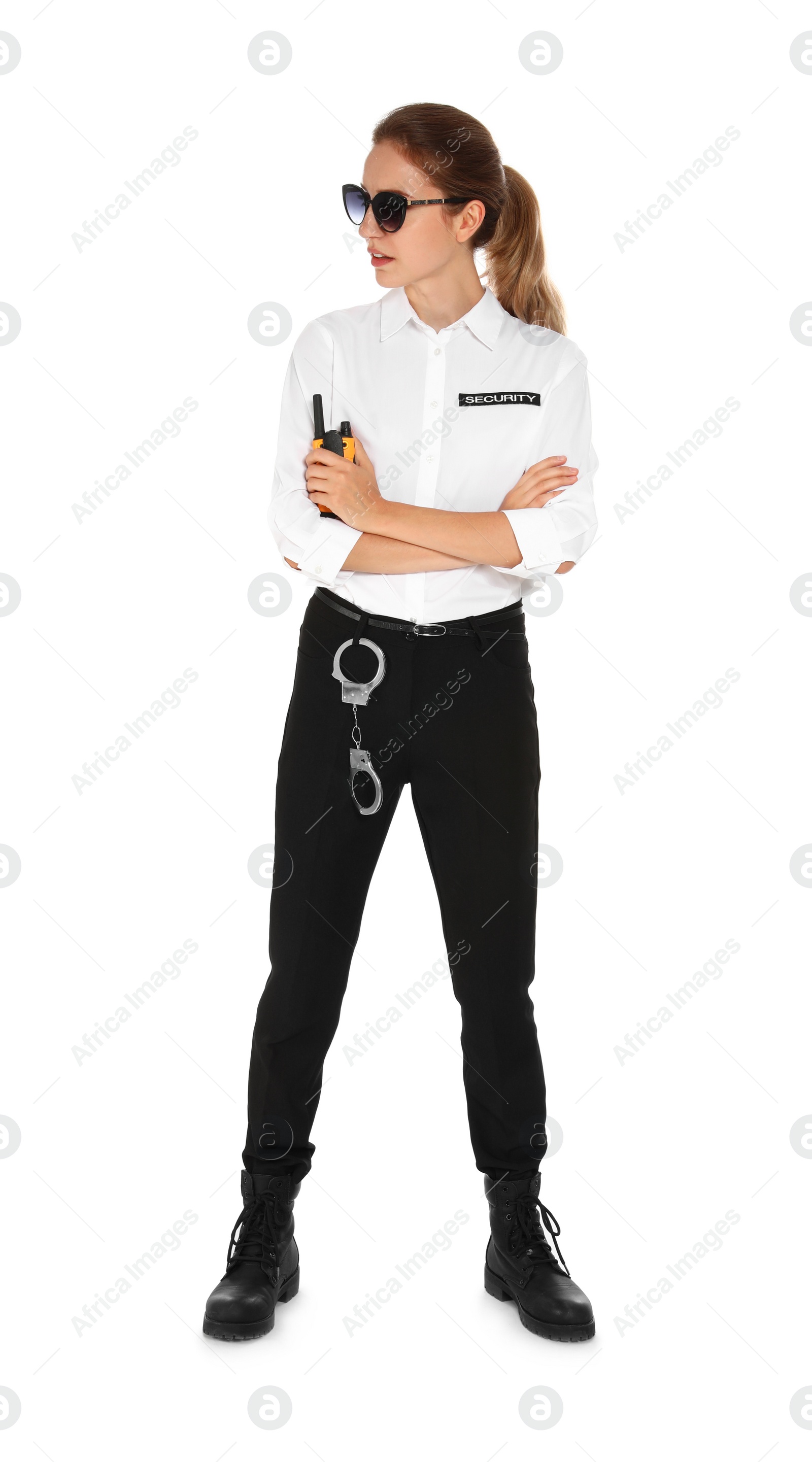 Photo of Female security guard in uniform with portable radio transmitter on white background