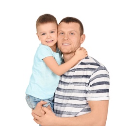 Photo of Dad and his son hugging on white background. Father's day celebration