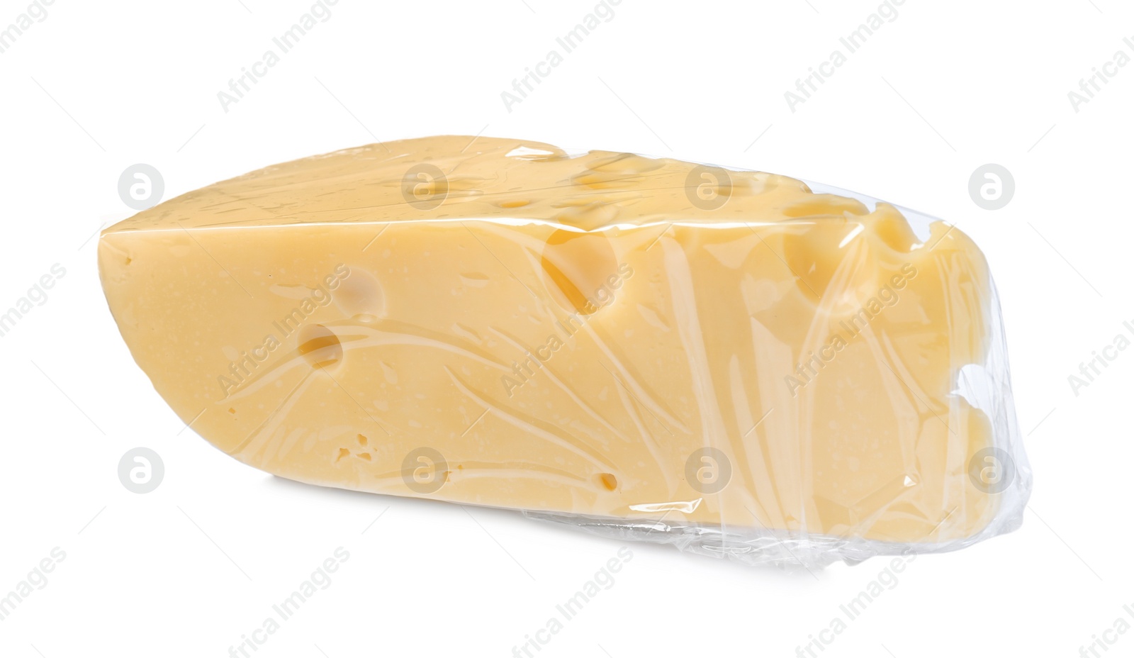 Photo of Cheese wrapped with transparent plastic stretch film isolated on white