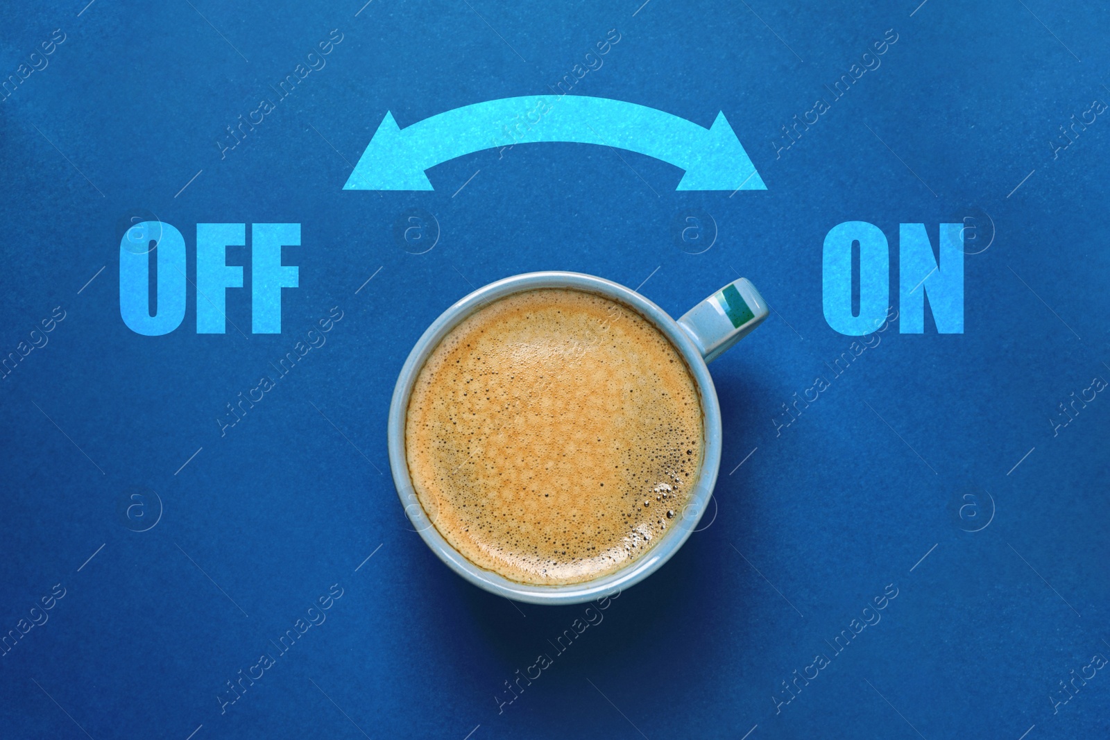 Image of Coffee break. Cup of aromatic hot drink on blue background, top view