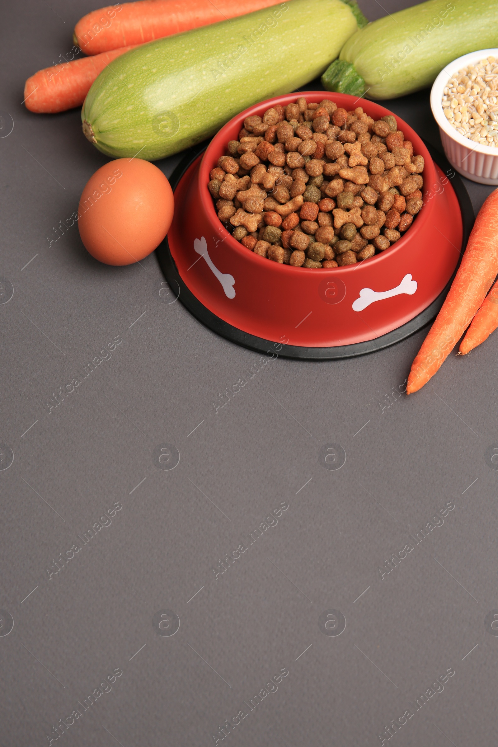 Photo of Dry pet food and products on black background, space for text