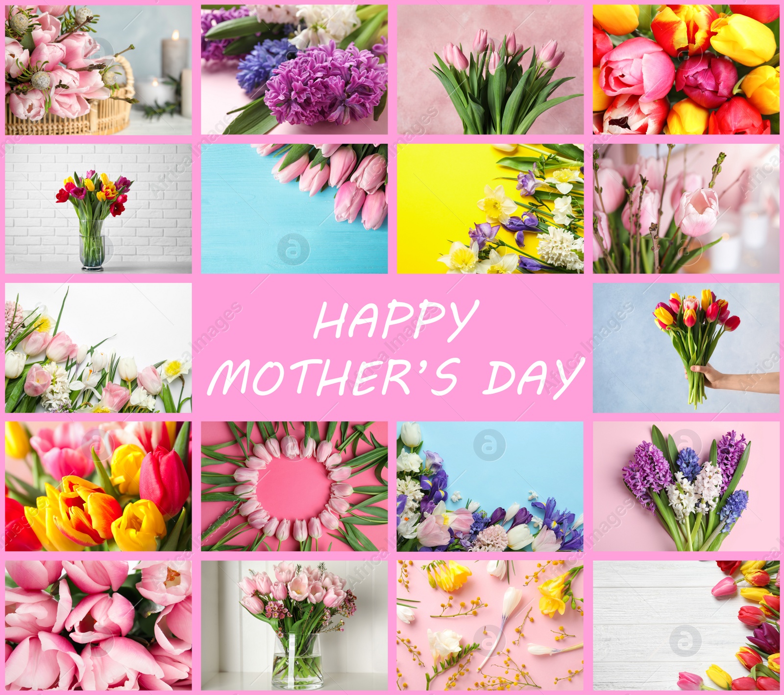 Image of Collage with photos of beautiful flowers and text Happy Mother's Day