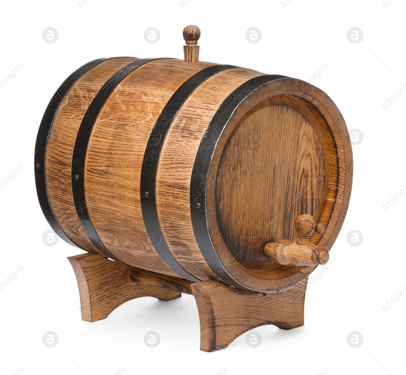 Photo of One wooden barrel with tap on white background