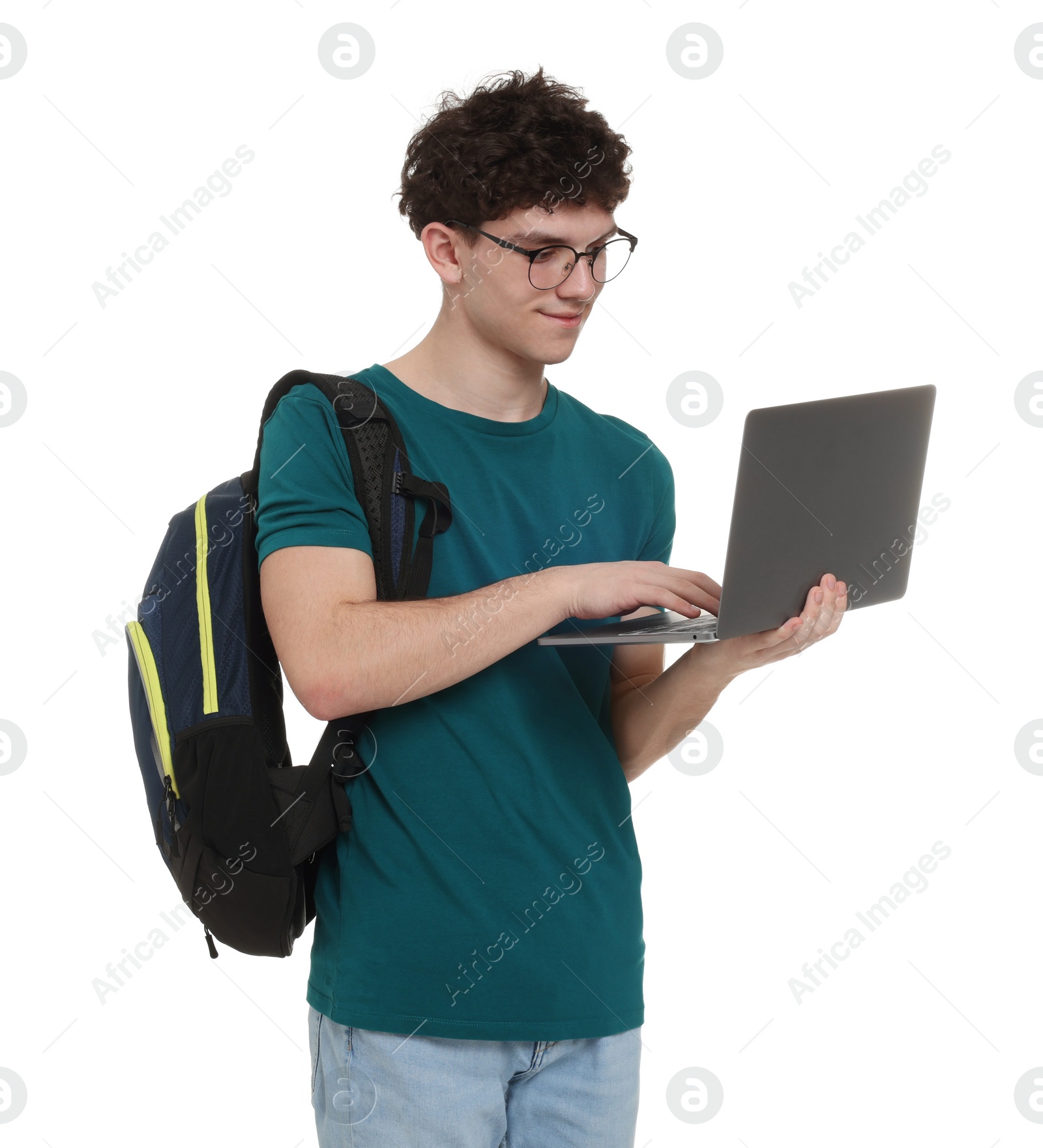 Photo of Portrait of student with backpack and laptop on white background