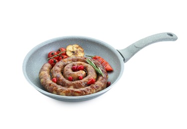 Photo of Delicious homemade sausage with garlic, tomatoes, rosemary and chili in frying pan isolated on white