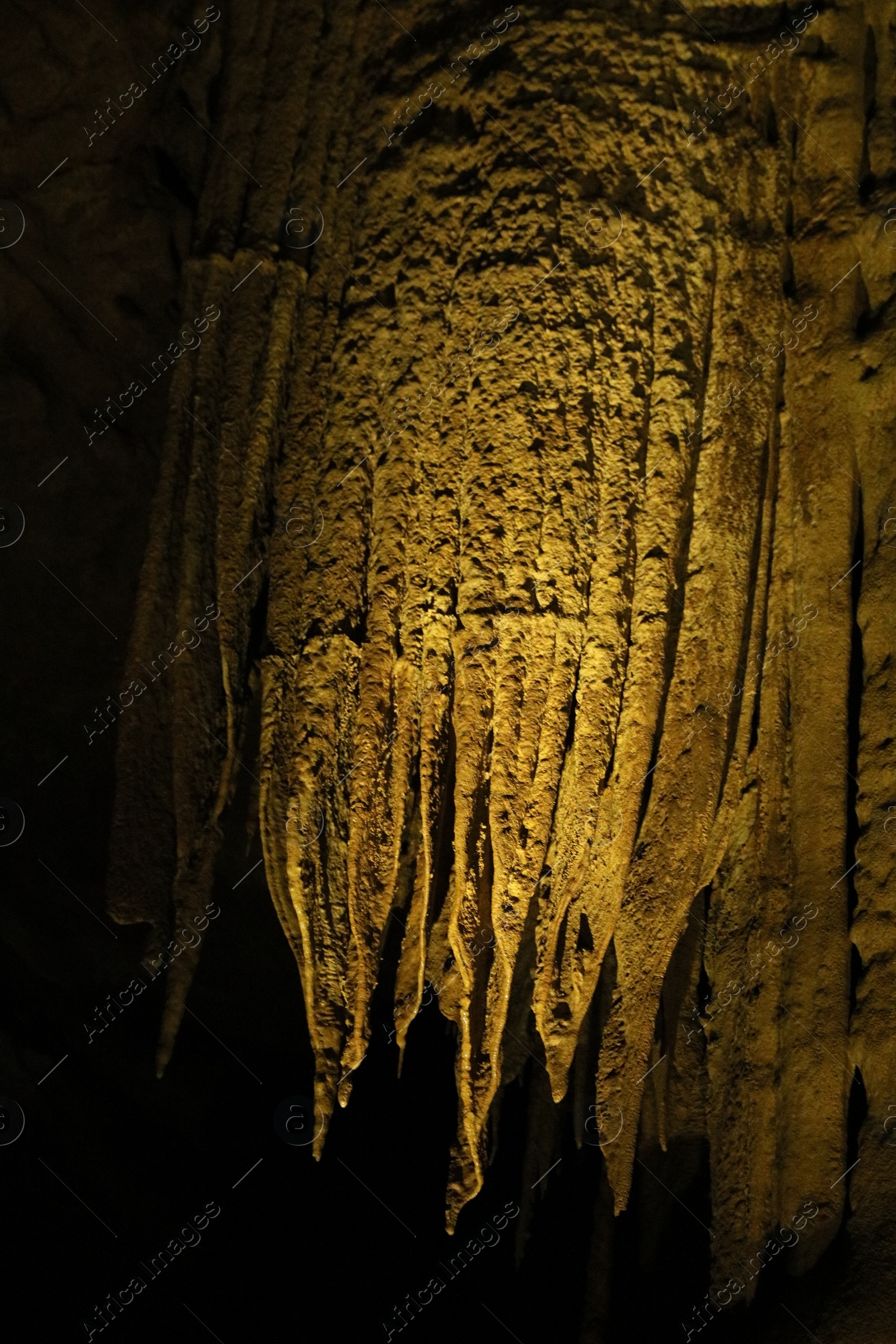 Photo of Picturesque view of many stalactite formations in dark cave