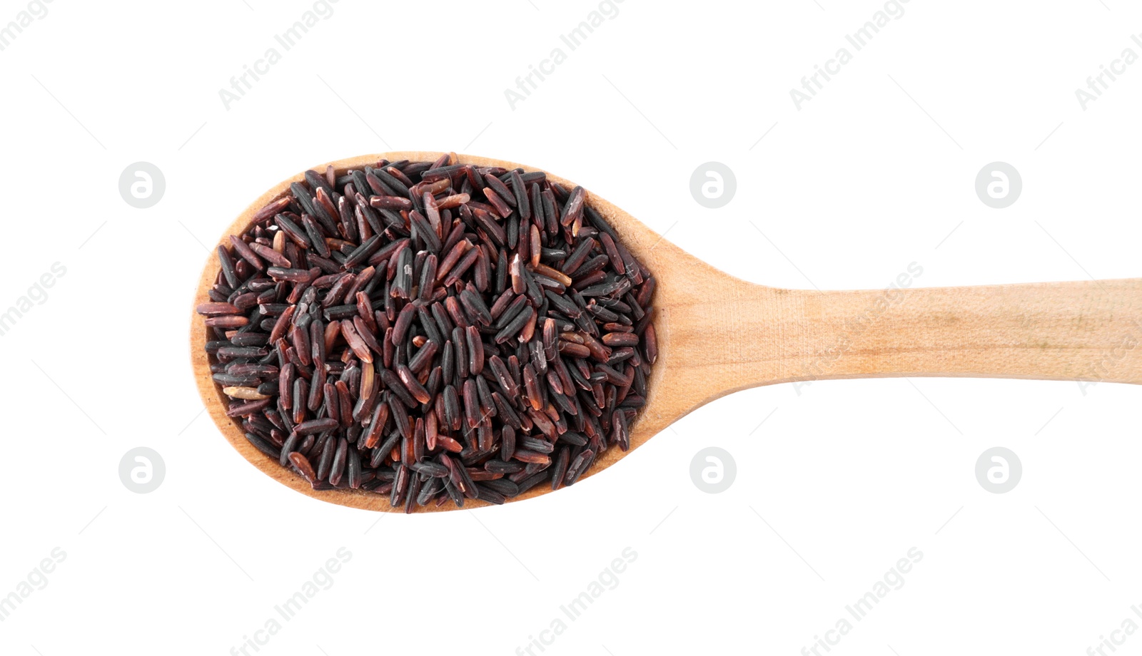 Photo of Brown rice in wooden spoon isolated on white, top view