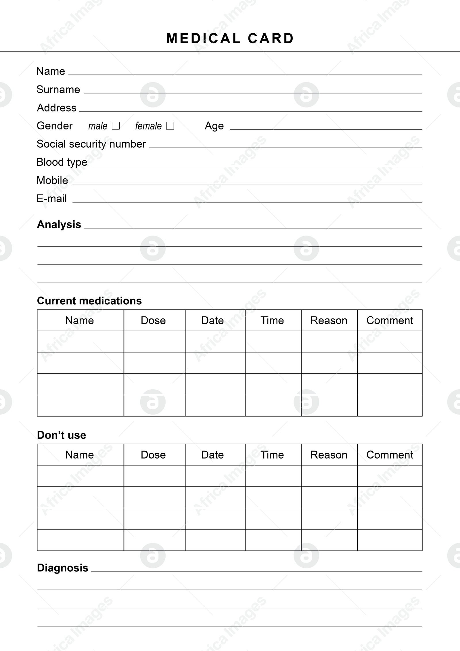 Illustration of  blank medical card. Health care