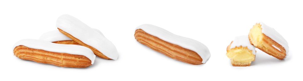 Image of Collage with tasty glazed eclairs on white background