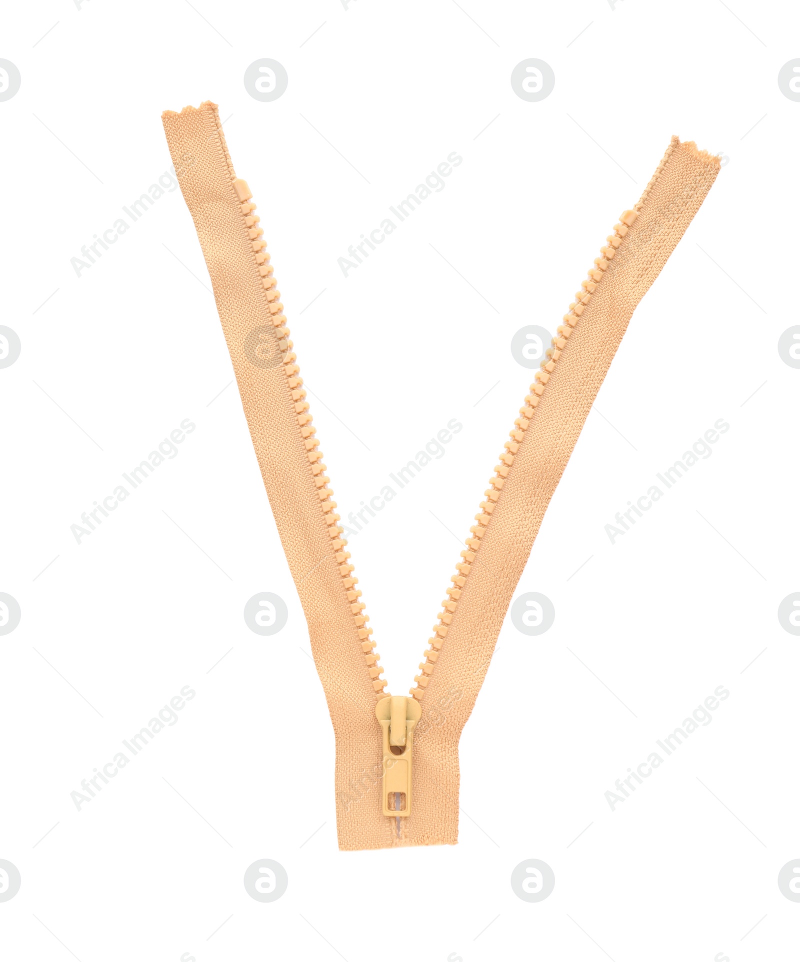 Photo of Beige zipper isolated on white, top view