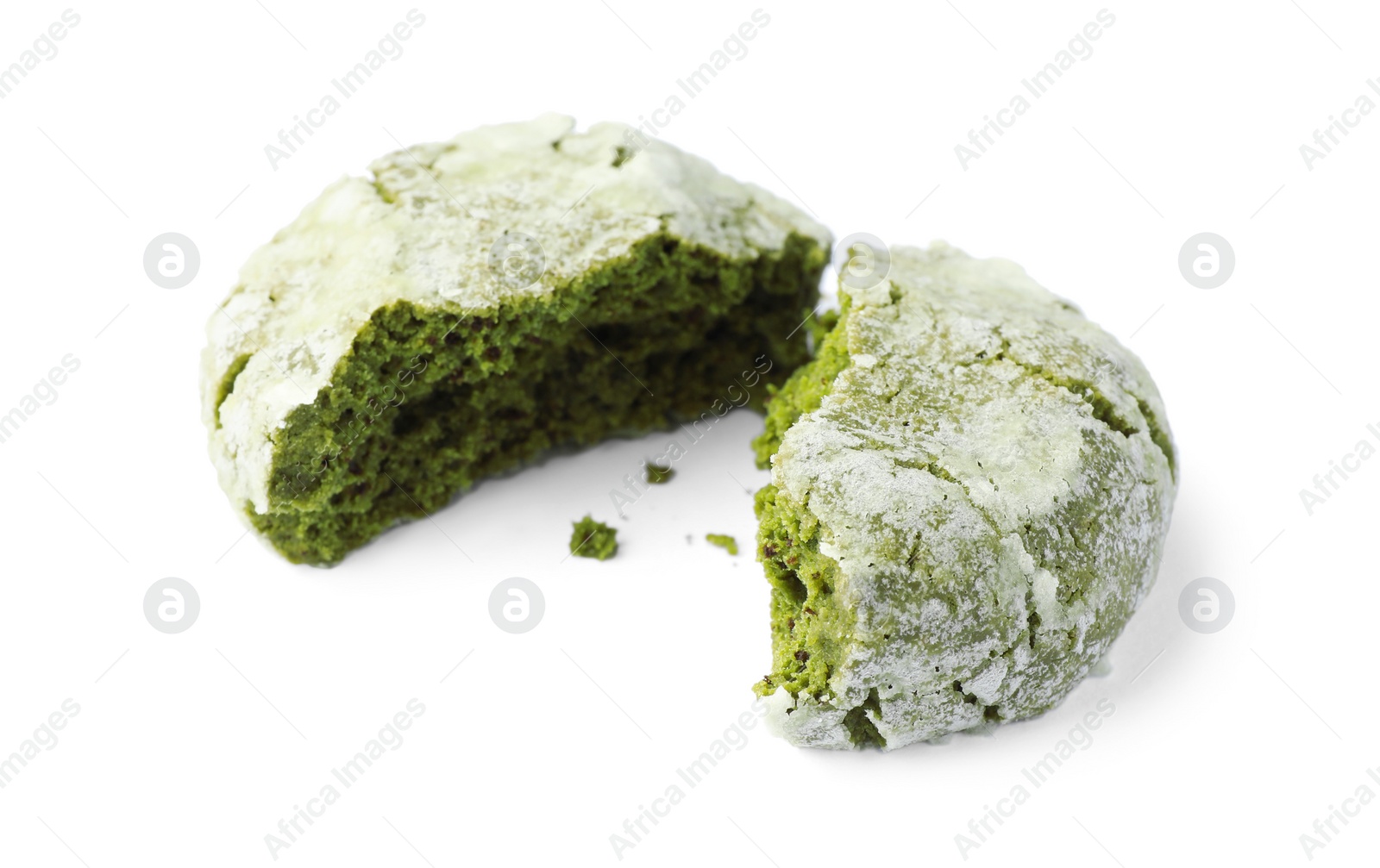 Photo of Tasty broken matcha cookie on white background