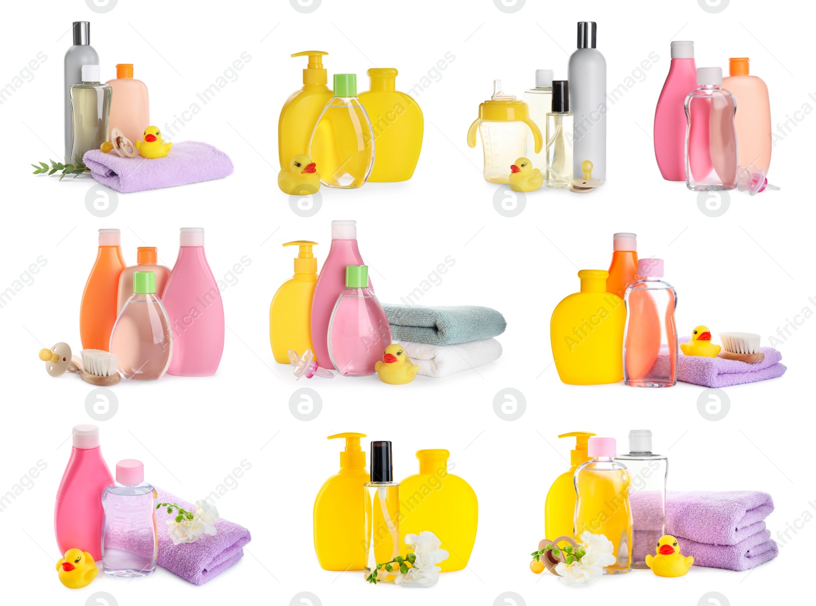 Image of Set with baby oil, other cosmetic products and accessories on white background