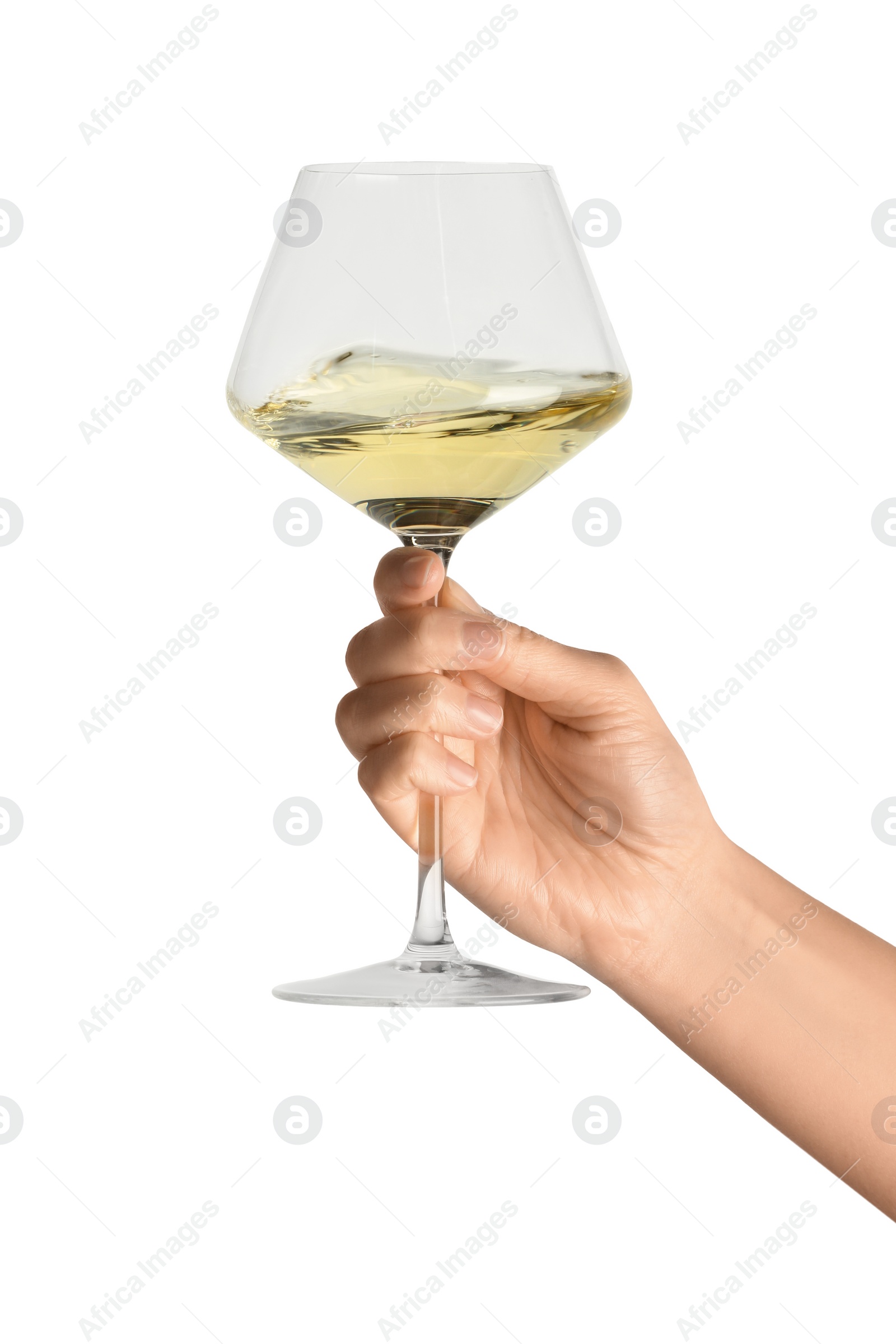 Photo of Woman with glass of wine isolated on white, closeup