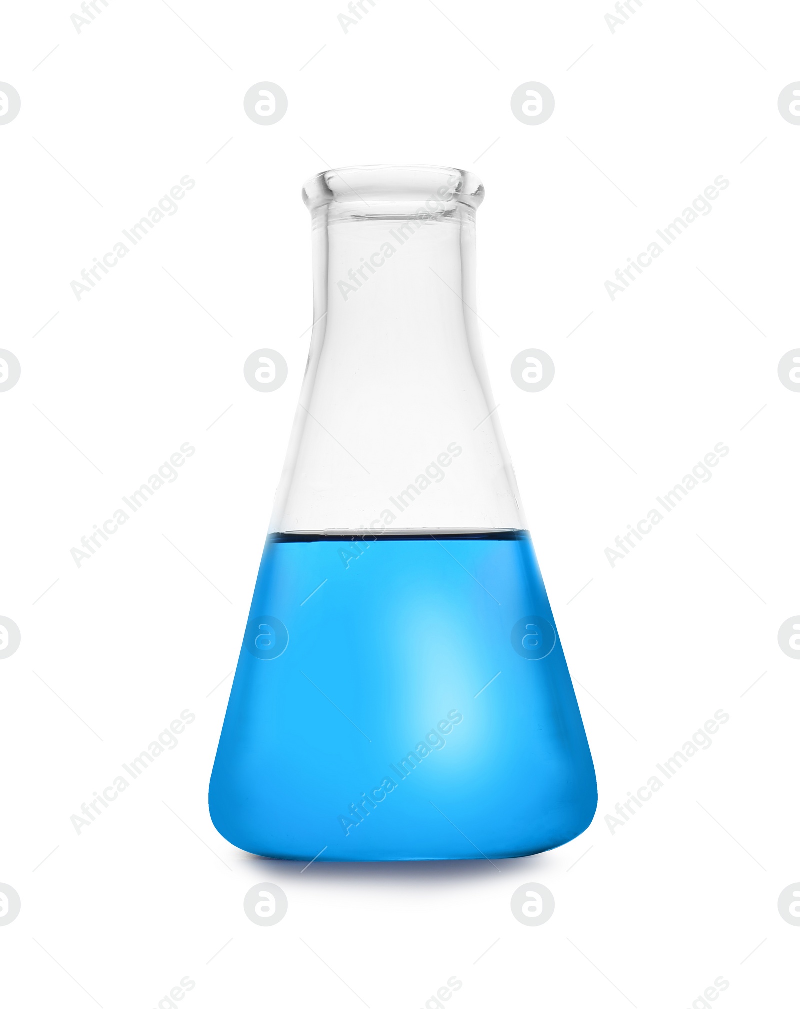 Photo of Conical flask with color liquid isolated on white. Chemistry glassware