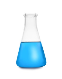 Photo of Conical flask with color liquid isolated on white. Chemistry glassware