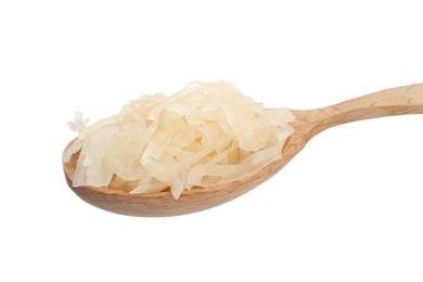 Photo of Wooden spoon of tasty fermented cabbage on white background