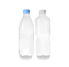 Photo of Two plastic bottles on white background. Recycle concept