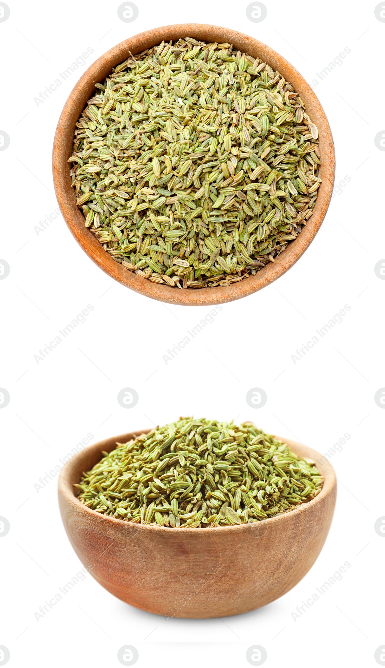 Image of Fennel seeds in bowl isolated on white, top and side views