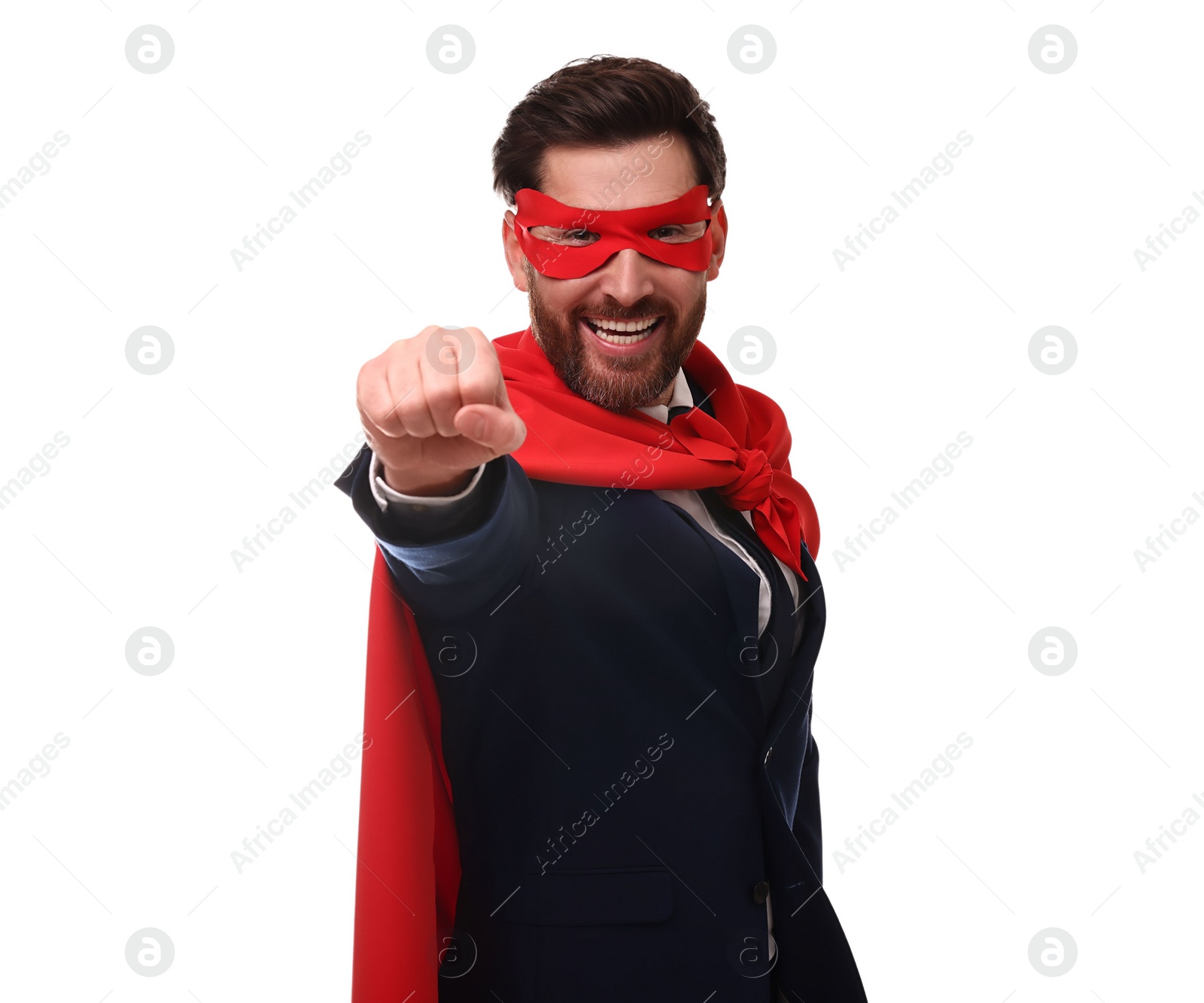 Photo of Happy businessman wearing red superhero cape and mask on white background