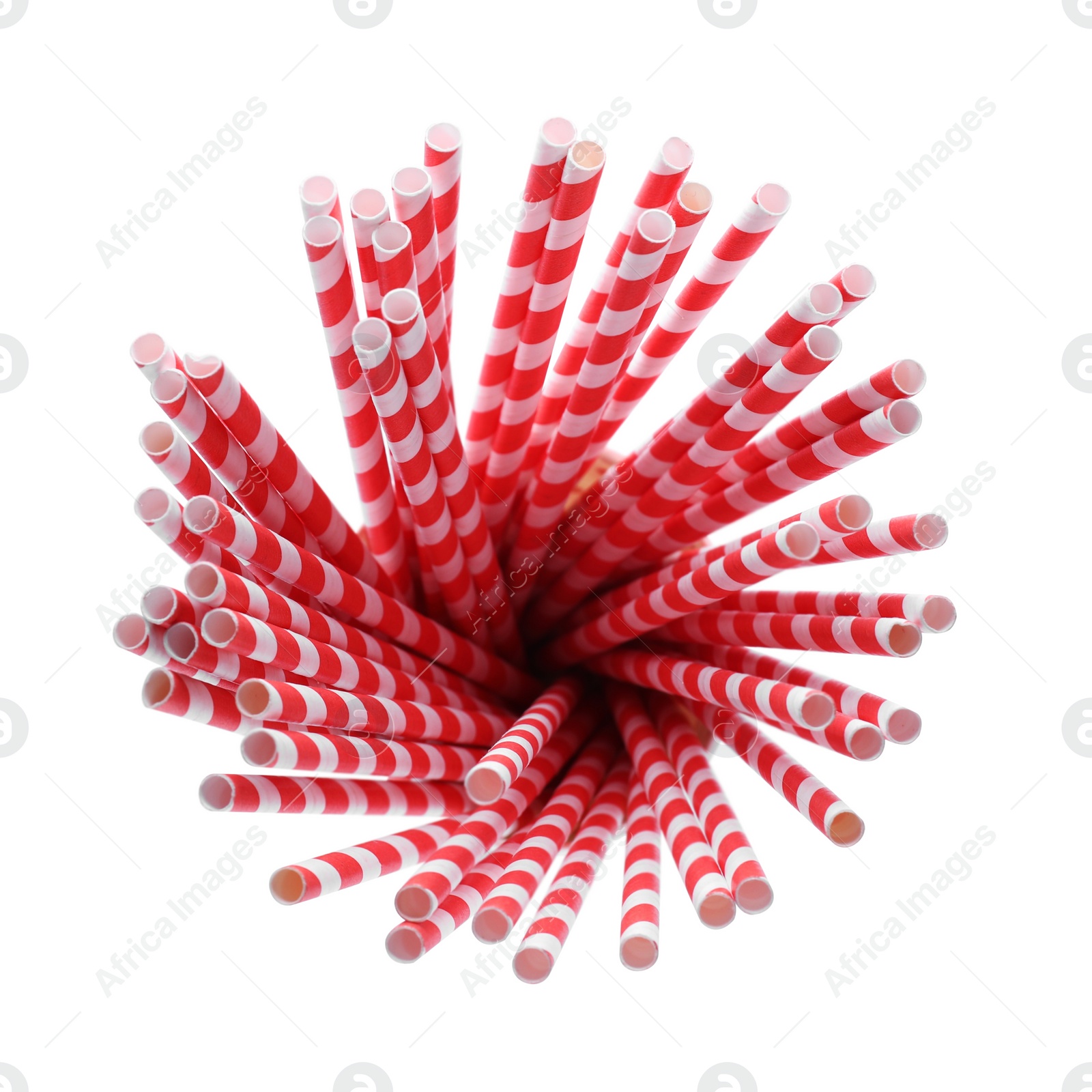 Photo of Striped paper cocktail tubes on white background, top view