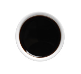 Traditional soy sauce in bowl on white background