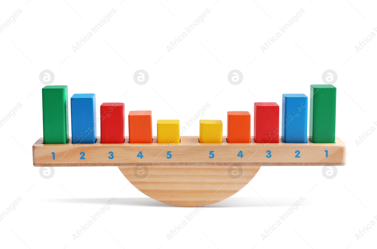 Photo of Wooden scale with colorful blocks isolated on white. Montessori toy
