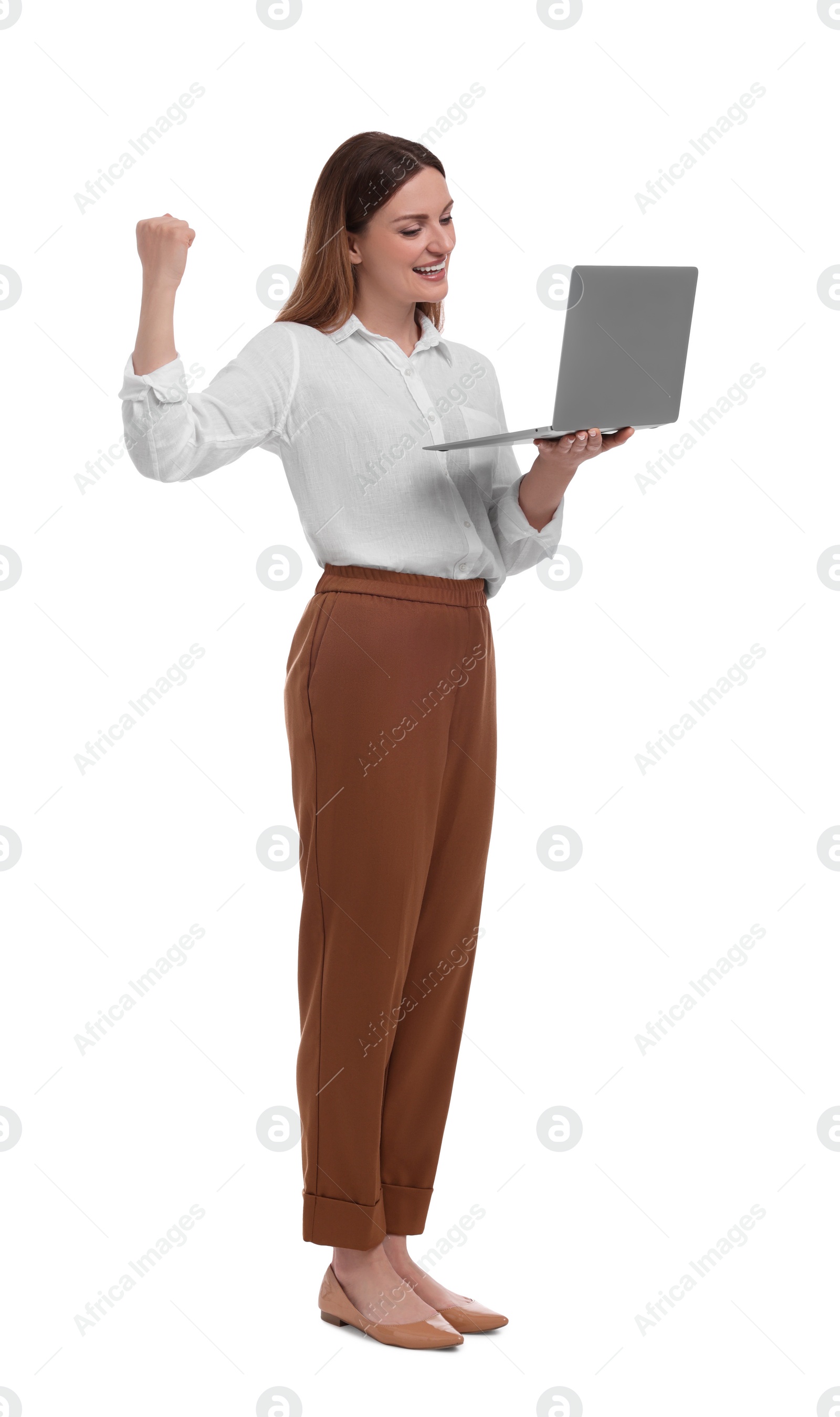 Photo of Beautiful businesswoman with laptop on white background