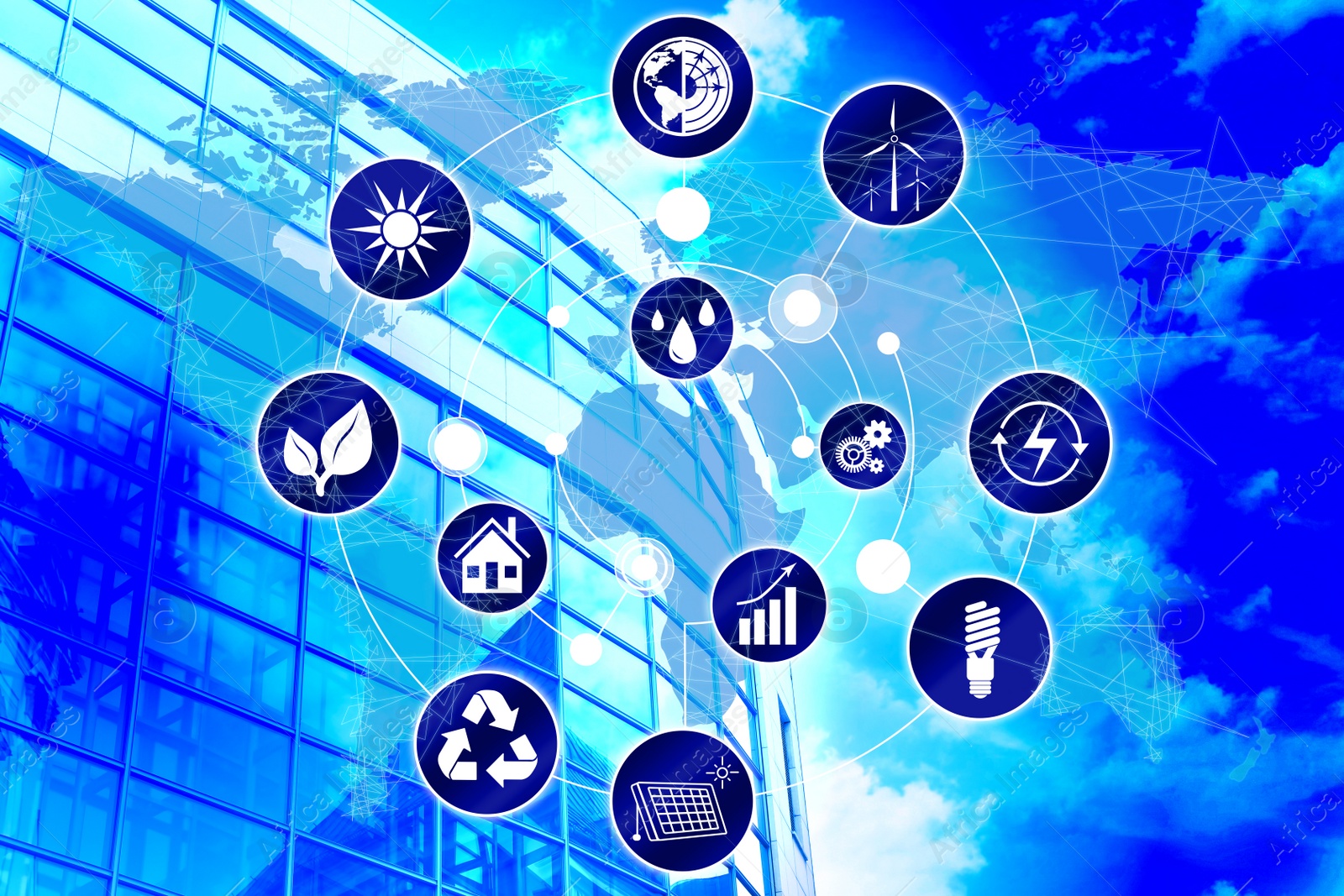 Energy efficiency concept. Scheme with icons, world map and building on background, toned in blue Image of Energy efficiency concept. Scheme with icons, world map and building on background, toned in blue