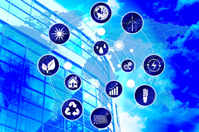 Image of Energy efficiency concept. Scheme with icons, world map and building on background, toned in blue