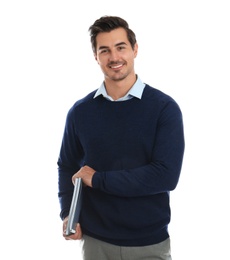 Young male teacher with notebooks on white background