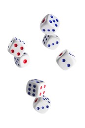 Image of Seven dice in air on white background