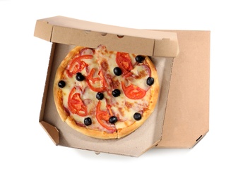 Photo of Delicious pizza and cardboard boxes on white background, top view. Food delivery