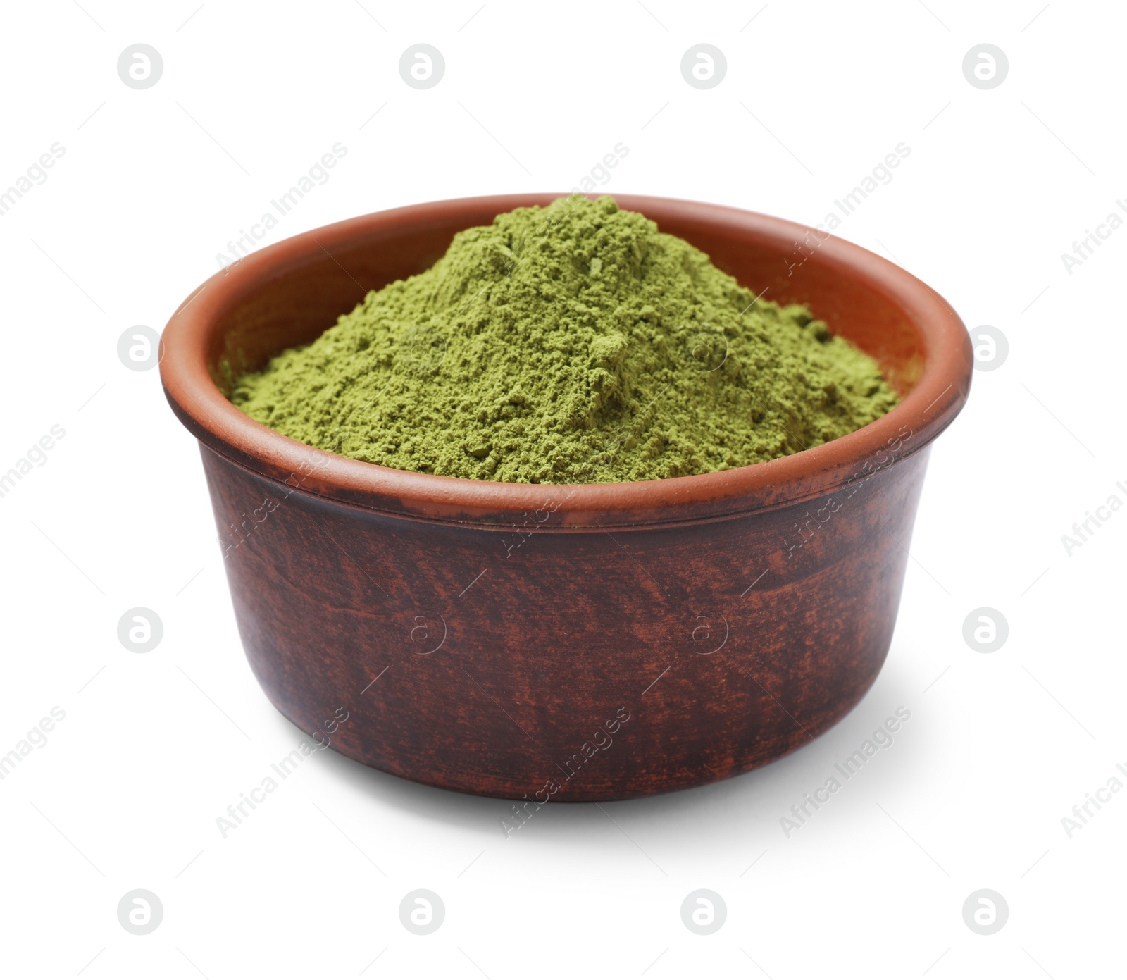 Photo of Green matcha powder in bowl isolated on white