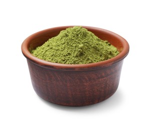 Photo of Green matcha powder in bowl isolated on white