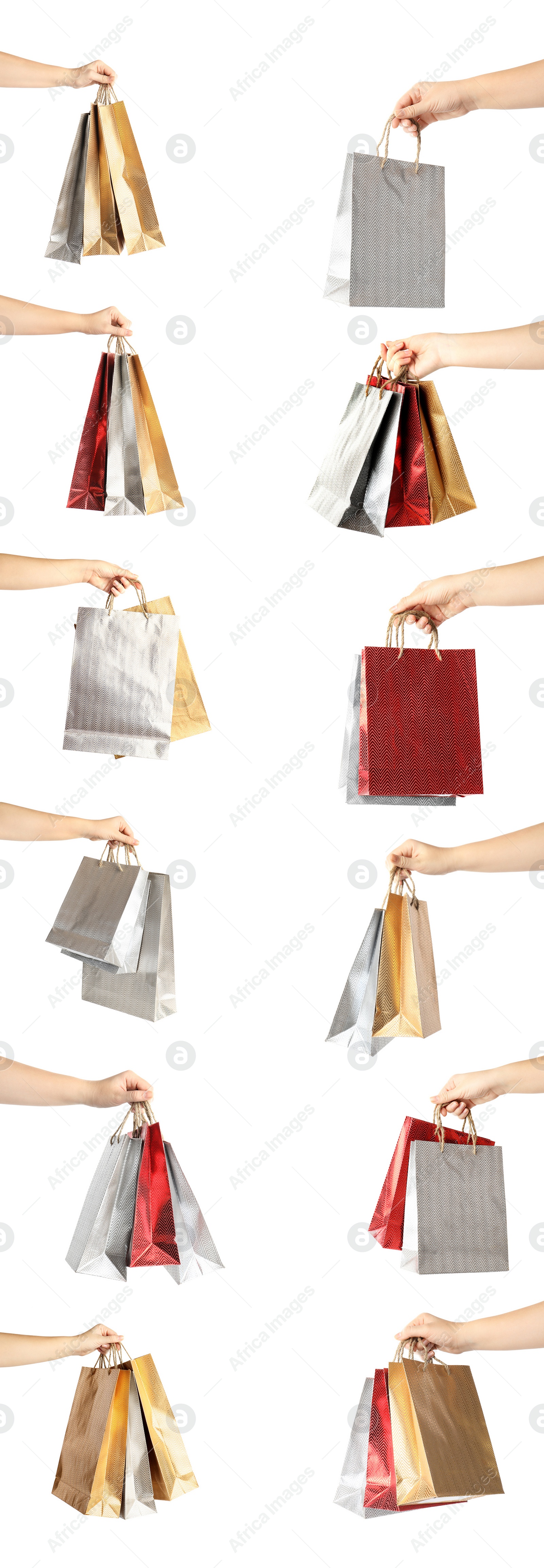 Image of Collage of women holding paper shopping bags on white background, closeup