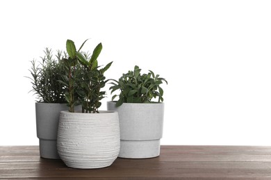 Photo of Pots with bay, sage and rosemary on wooden table against white background