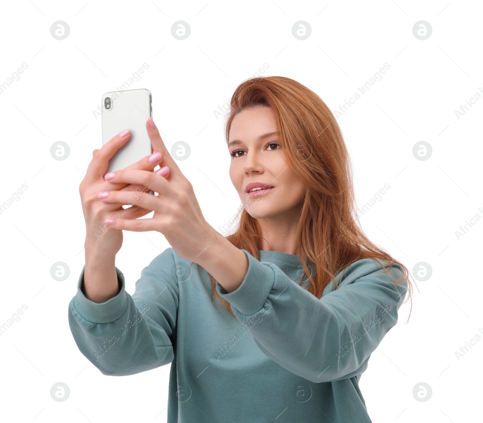 Photo of Beautiful woman taking selfie on white background