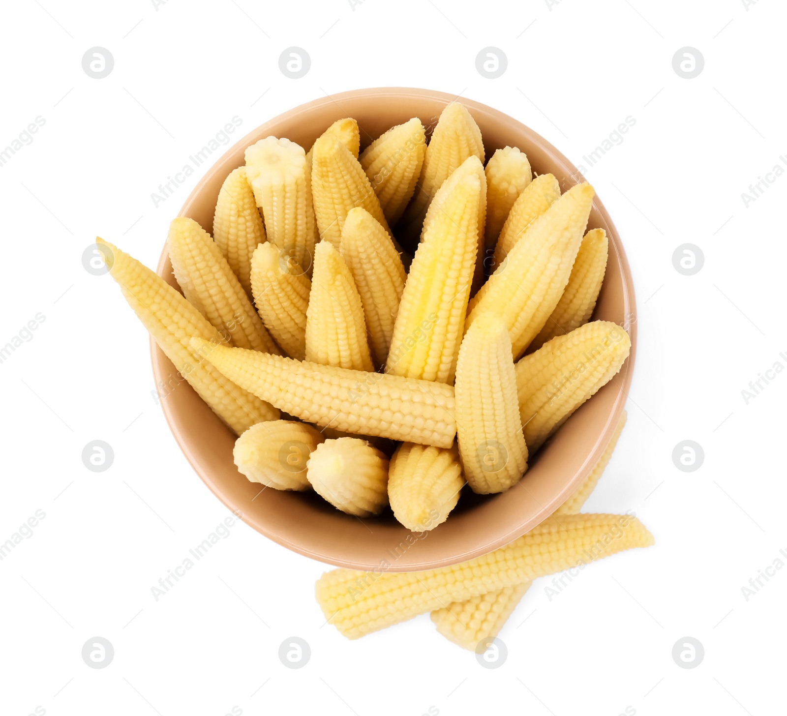 Photo of Bowl and pickled baby corn isolated on white, top view