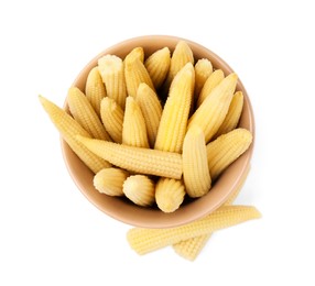 Bowl and pickled baby corn isolated on white, top view