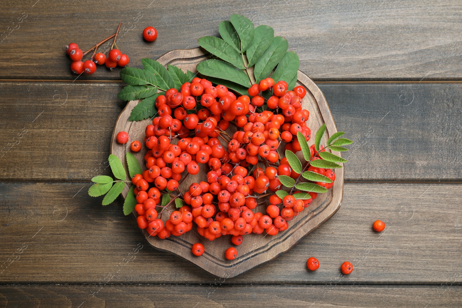 Photo of Fresh ripe rowan berries and leaves on wooden table, flat lay