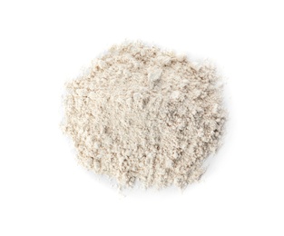 Photo of Pile of oat flour isolated on white, top view