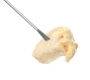 Photo of Tasty fondue. Fork with bread and melted cheese isolated on white