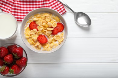 Photo of Corn flakes with strawberries in bowl served on white wooden table, flat lay. Space for text