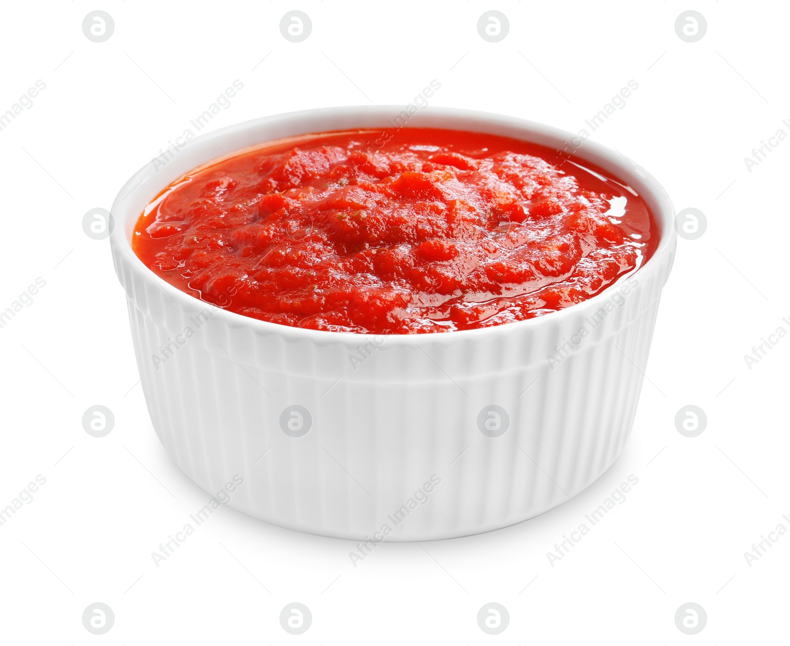 Photo of Homemade tomato sauce in bowl isolated on white