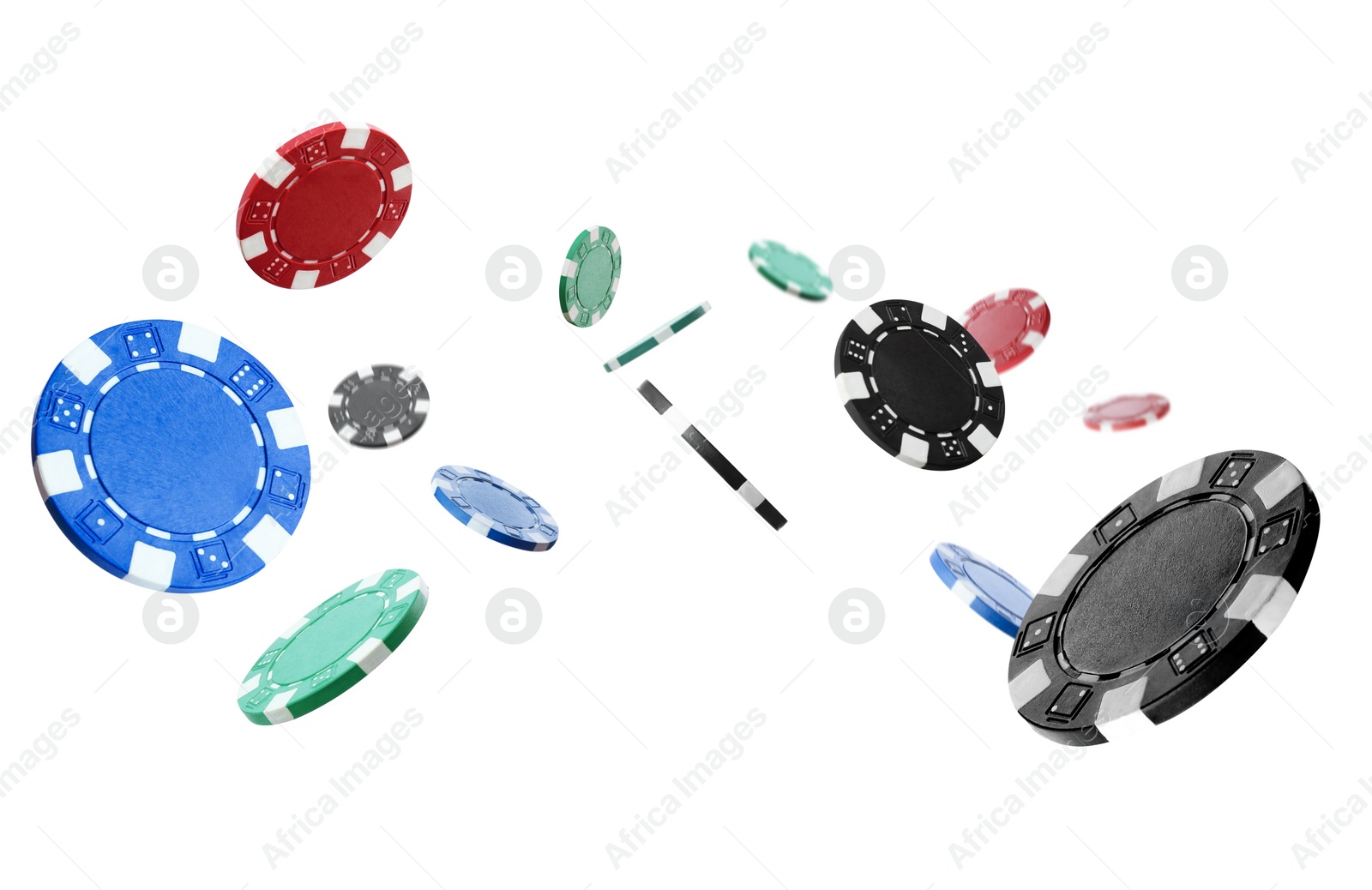 Image of Different casino chips falling on white background
