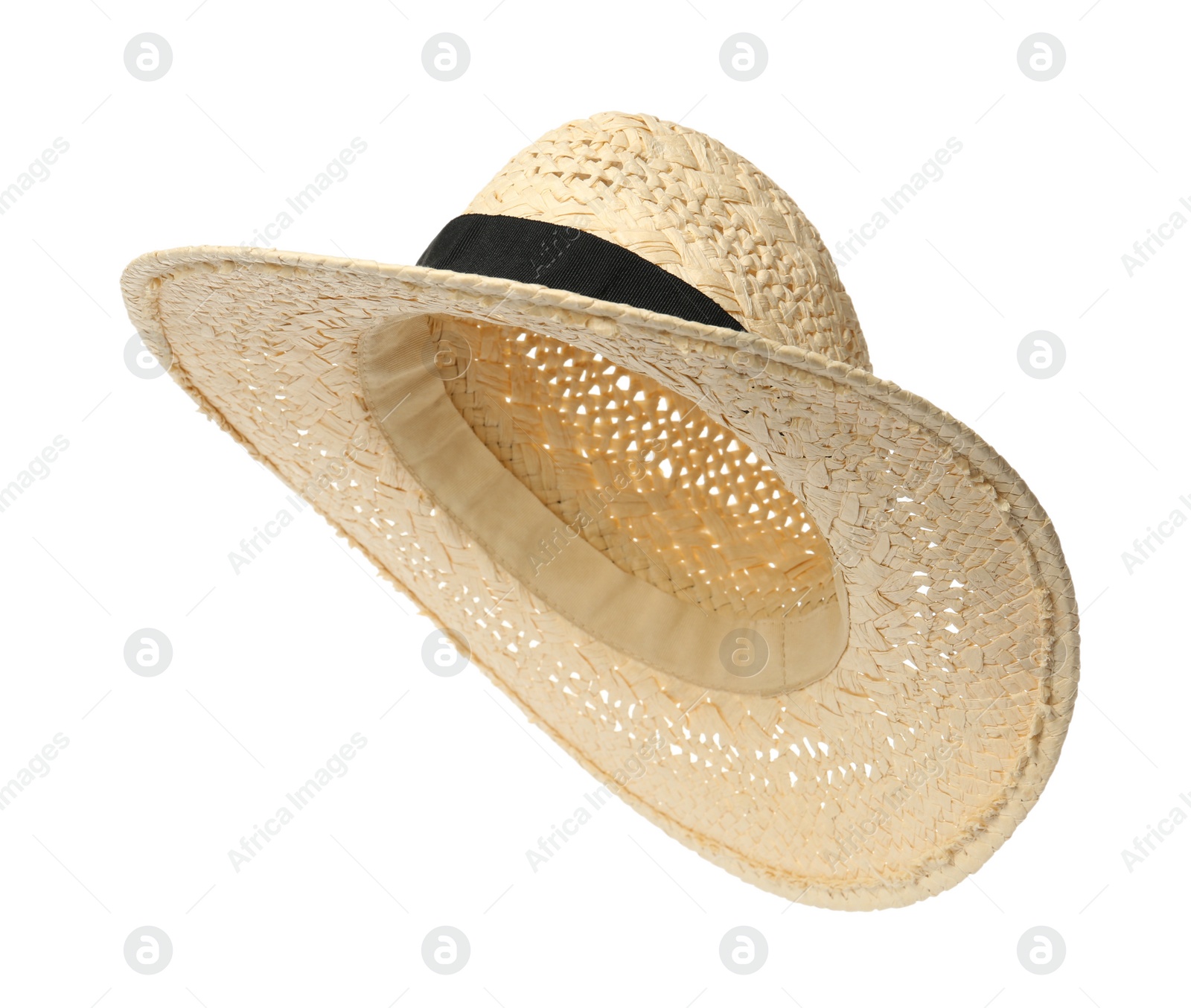 Photo of Stylish straw hat isolated on white. Fashionable accessory