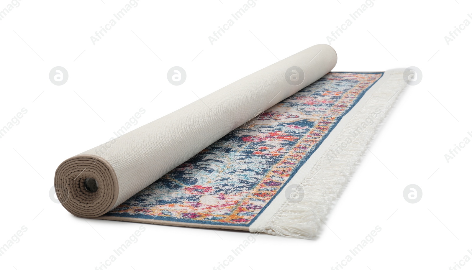 Photo of Rolled carpet with pattern on white background. Interior element