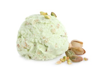 Photo of Scoop of delicious ice cream with pistachio nuts on white background