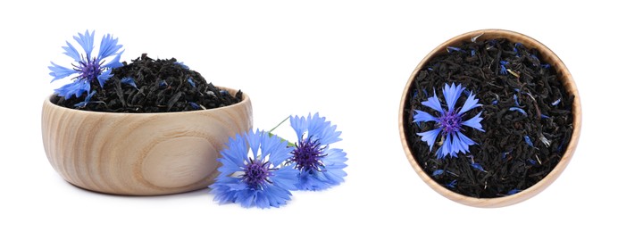 Image of Dried cornflower tea and fresh flowers on white background, collage. Banner design